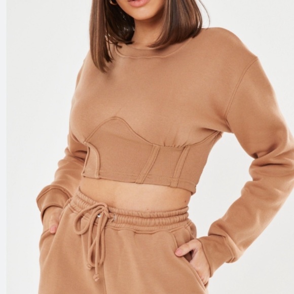 Missguided Camel Brown Corset Detail Cropped Hoodie Size US 2 NWOT - Picture 2 of 9